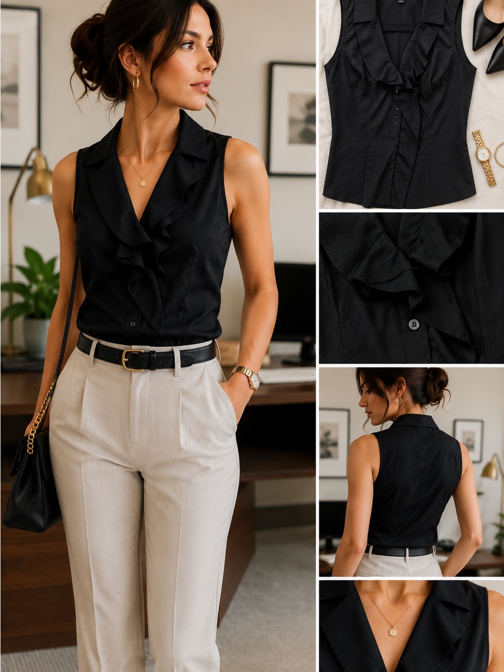 Ann Taylor Black Sleeveless Ruffle Front Button Blouse Career Office Top Size 2